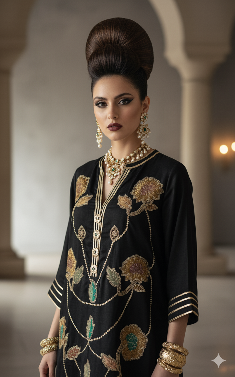 Dholki Edit - Pure Maple Raw Silk Kimkhawab Applique - Black