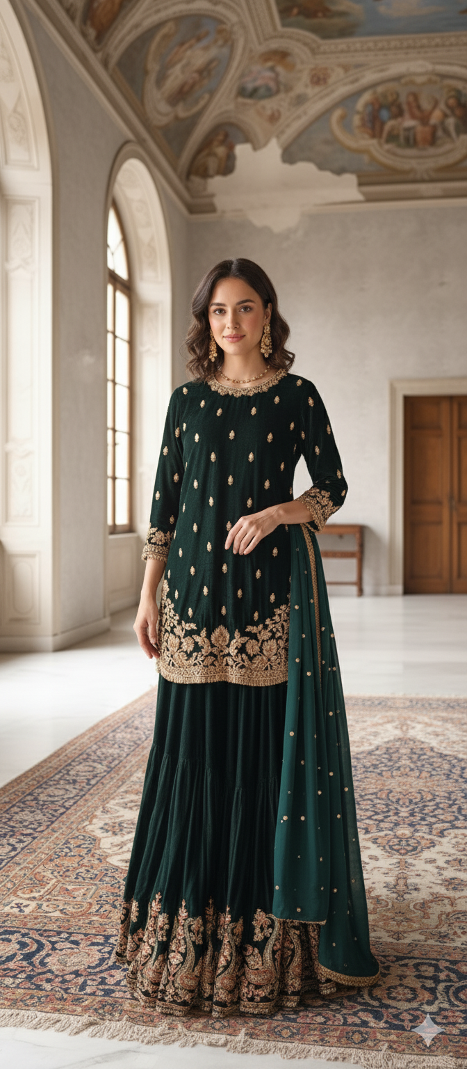Wedding Edit - Bridal Velvet Gharara set - Deep Bottle Green