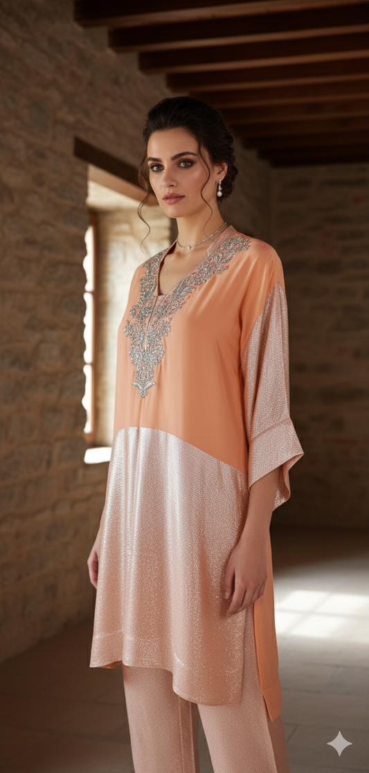 Wedding Edit - Pure Chaandi Zari Chiffon - Simply Peach