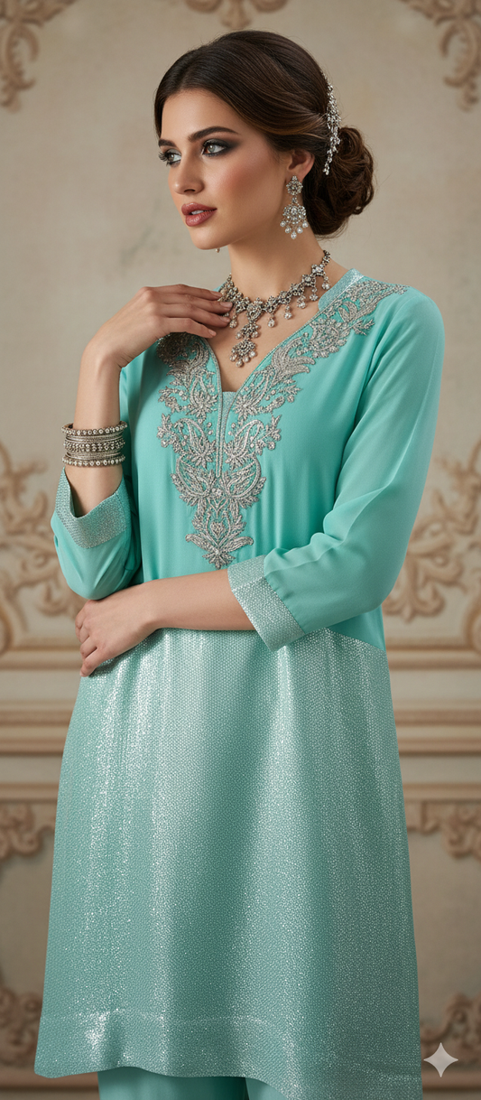 Wedding Edit - Pure Chaandi Zari Chiffon - Tiffany Blue