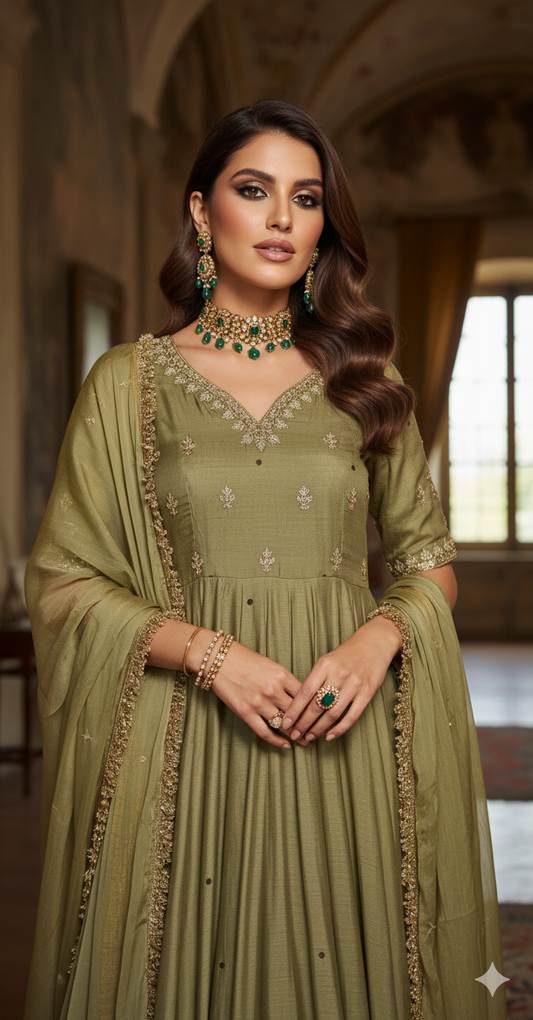 Dholki Edit - Pure Ketan Silk Peshwaaz - Fresh Olive Green