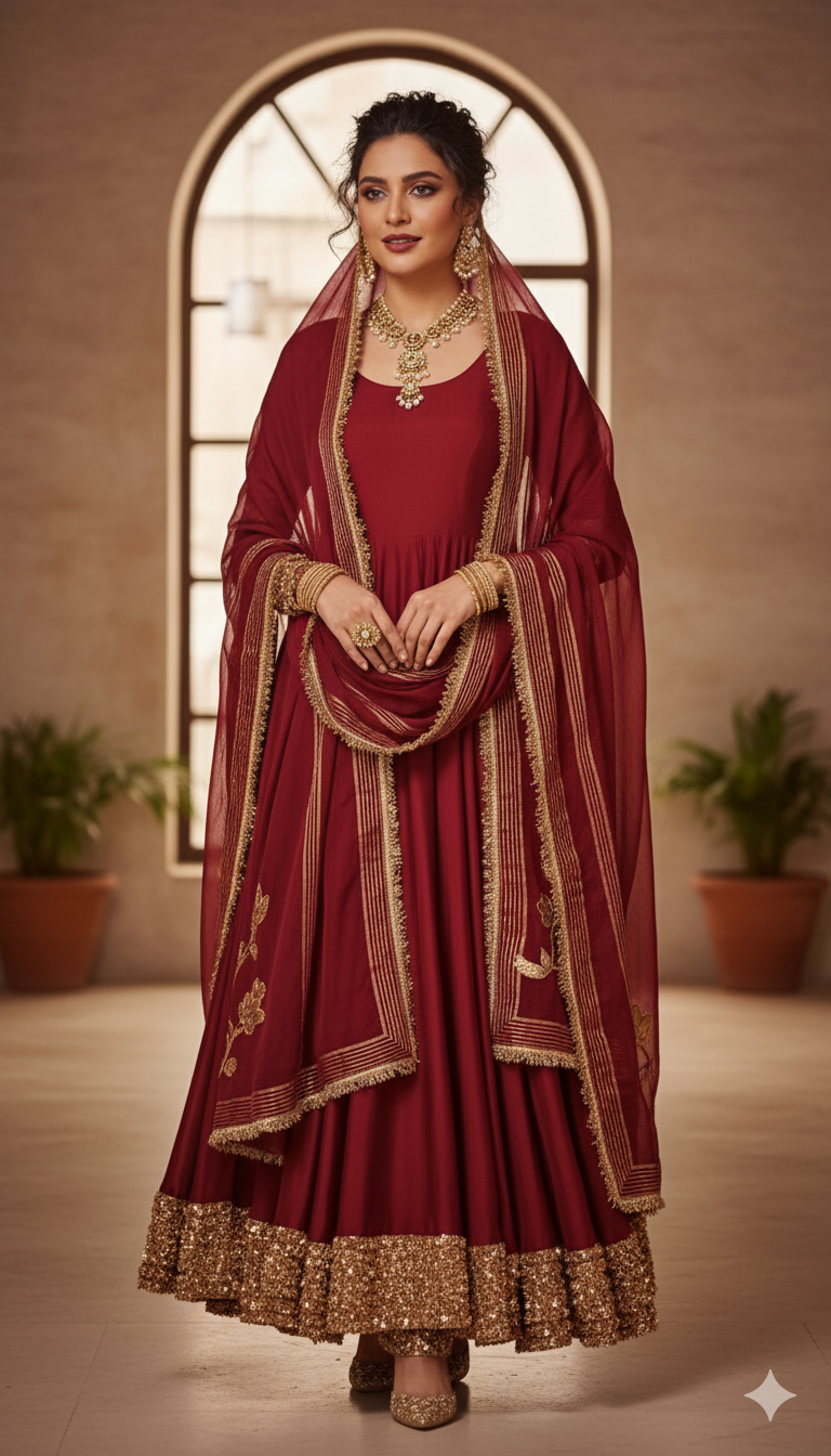 Dholki Edit - Pure Maple Raw Silk Peshwaaz - True Deep Red