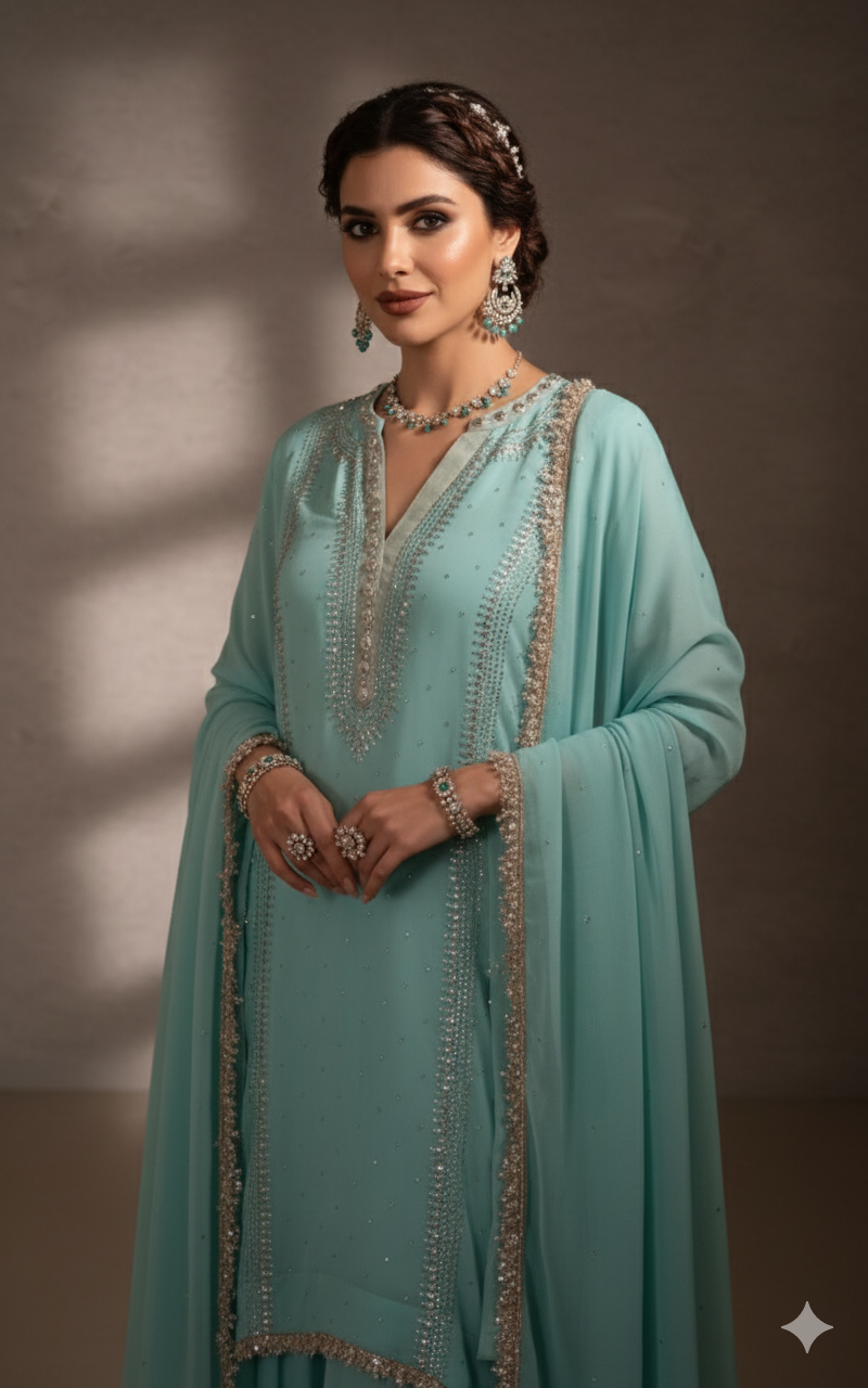 Wedding Wear - Chiffon Kamdani - Tiffany Blue