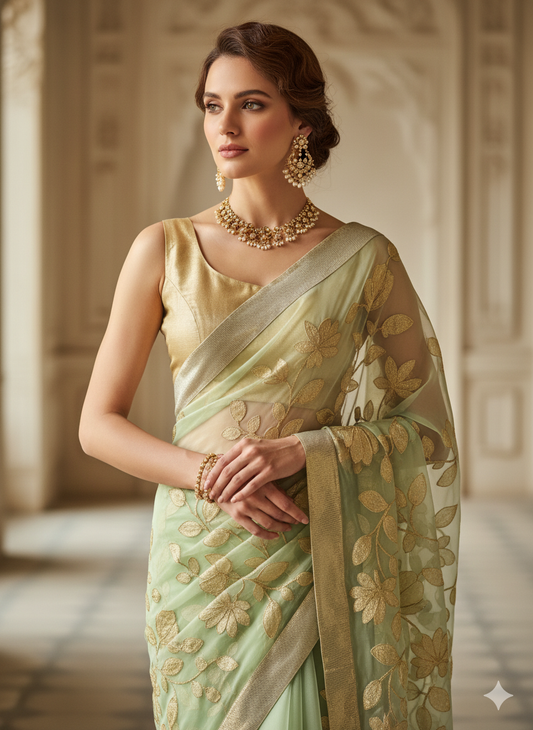 Wedding Edit - Pure Organza Silk Sari - Soft Pistachio Green