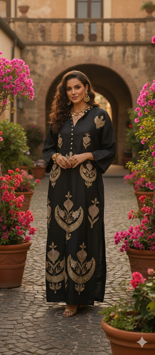 Dholki Edit - Kaftan - Chaand Phool Applique (Black)
