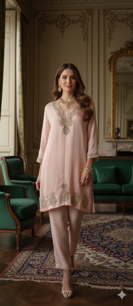 Dholki Edit - Pure Sheesha Bundki Silk - Blush Pink Paisely