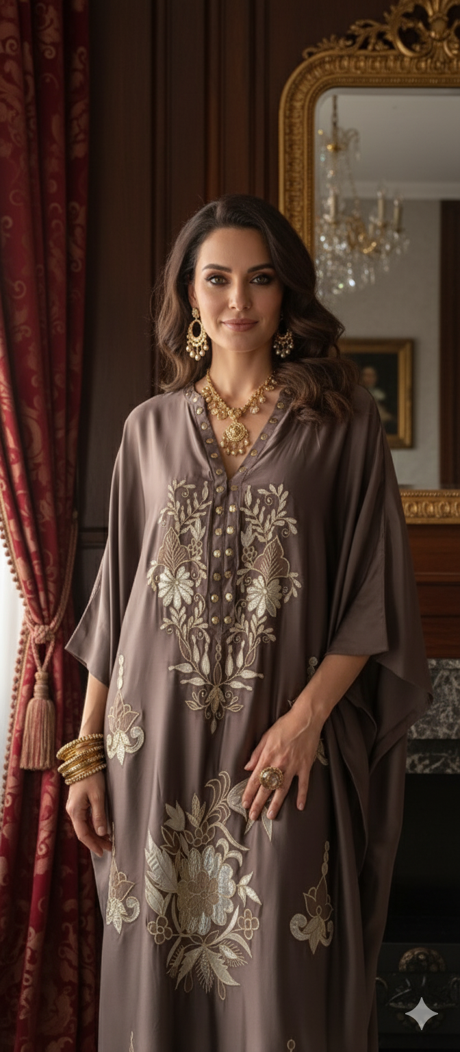 Dholki Edit - Satin Silk Kaftan Chaandi Phool - Earthy Evening Lavendar