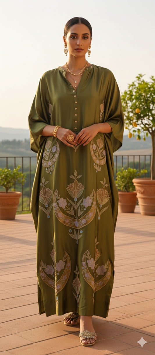 Dholki Edit - Satin Silk Kaftan Chaandi Phool - Fern Leaf Green