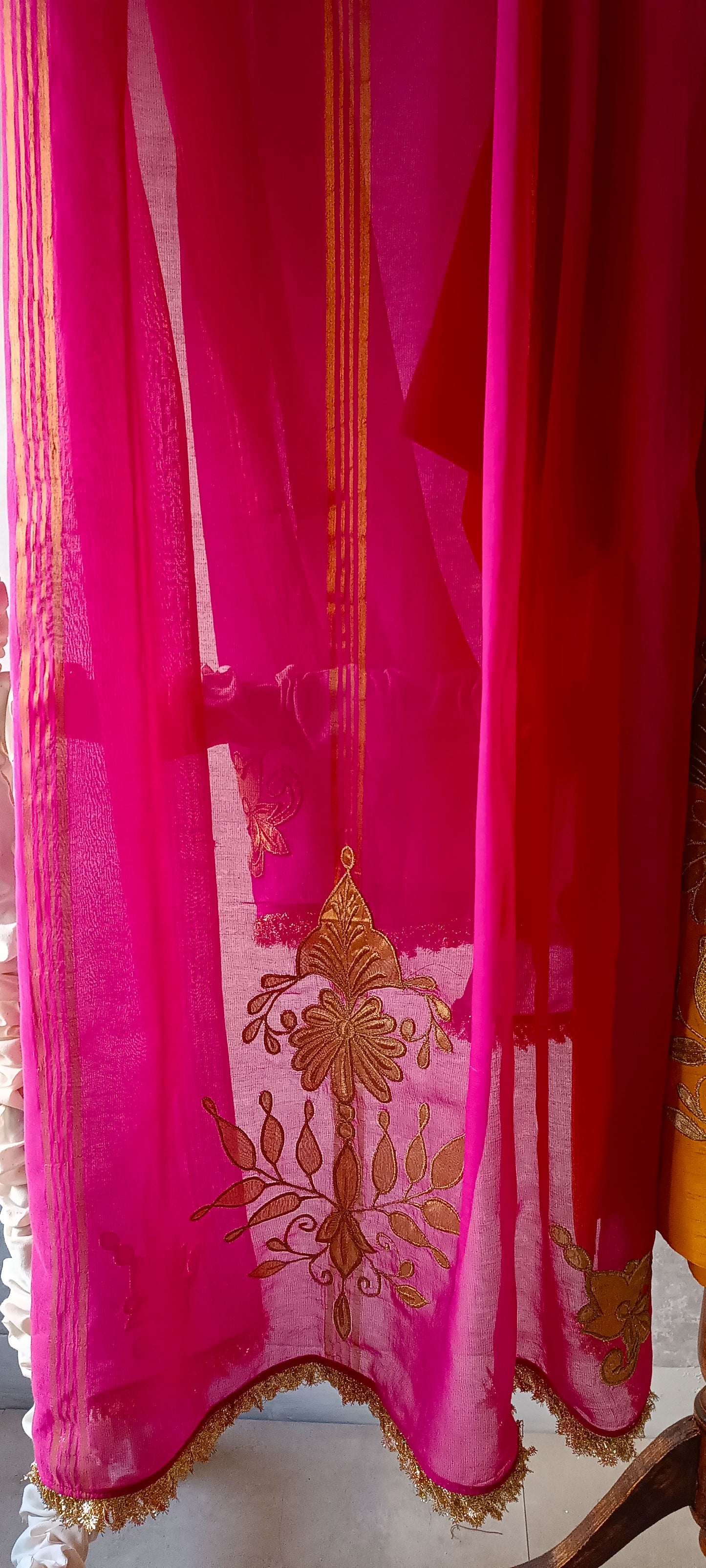 Dholki Edit - Pure Maple Raw Silk- Imperial Yellow with Hot Pink