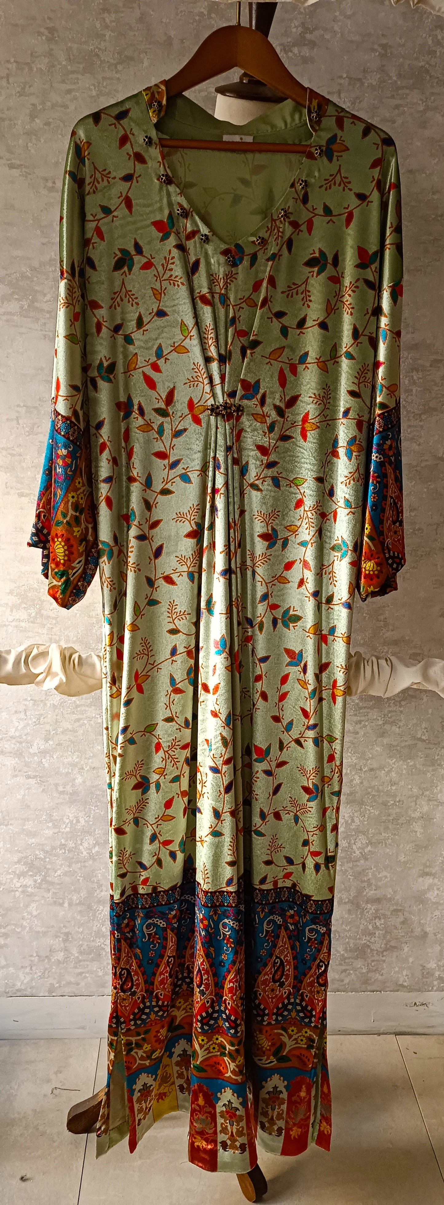 Formal Wear - Printed Velvet Kaftan Mint Green