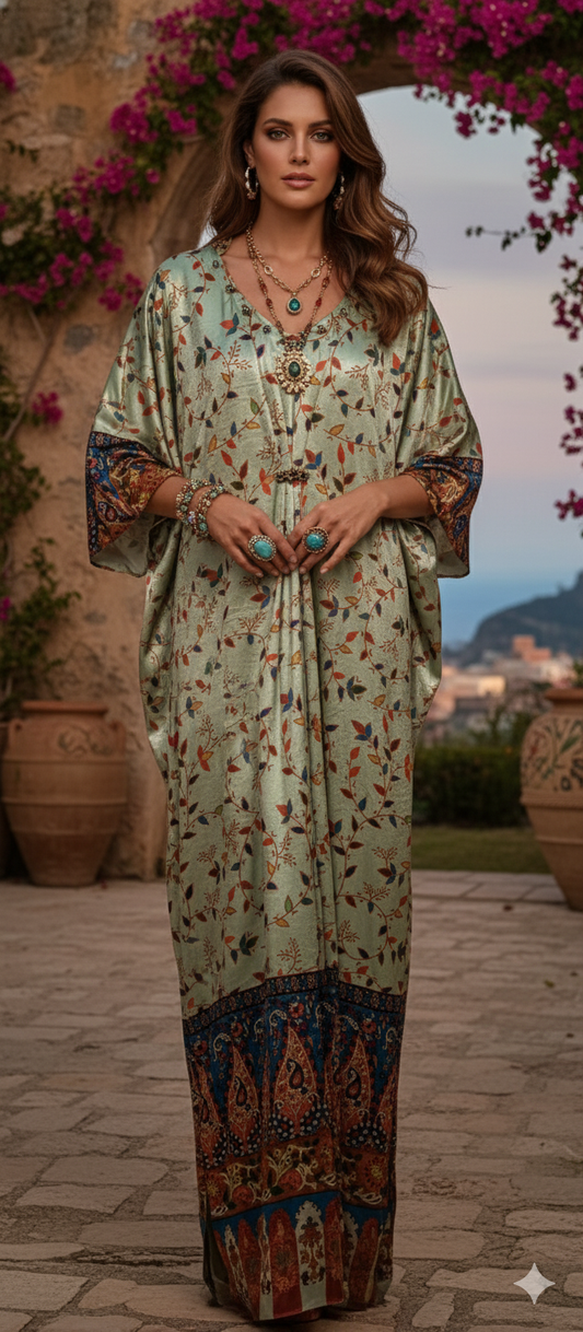 Formal Wear - Printed Velvet Kaftan Mint Green