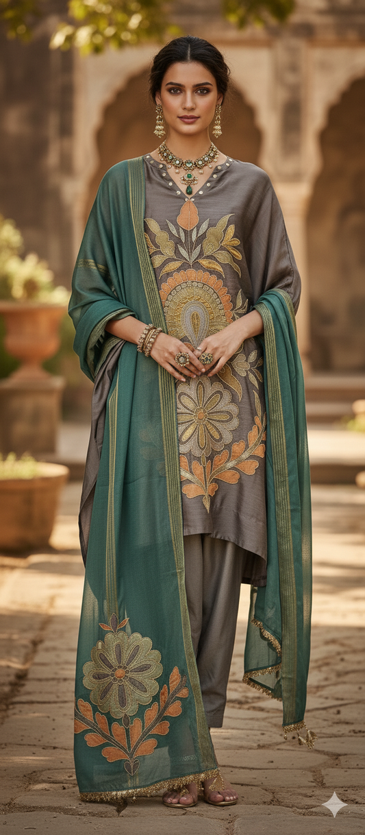 Dholki Edit - Pure Maple Raw Silk- Earthy Lavendar with Persian Green