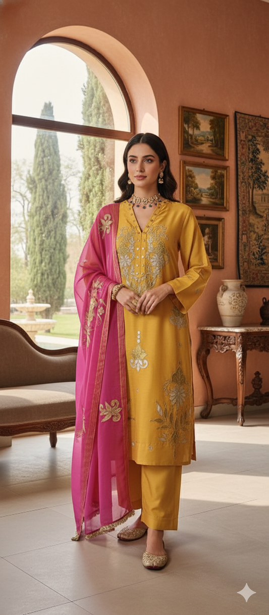 Dholki Edit - Pure Maple Raw Silk- Imperial Yellow with Hot Pink