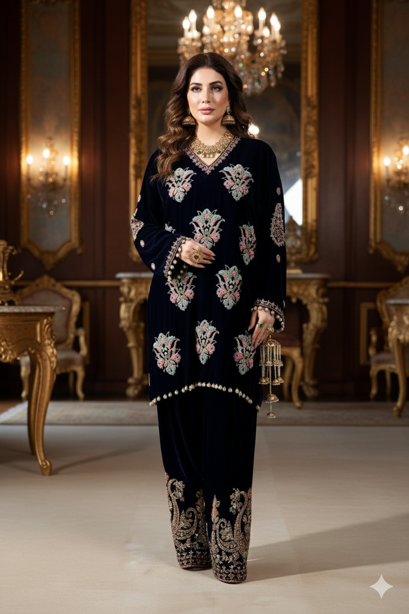 Wedding Wear - Blue Velvet with hand embellished work