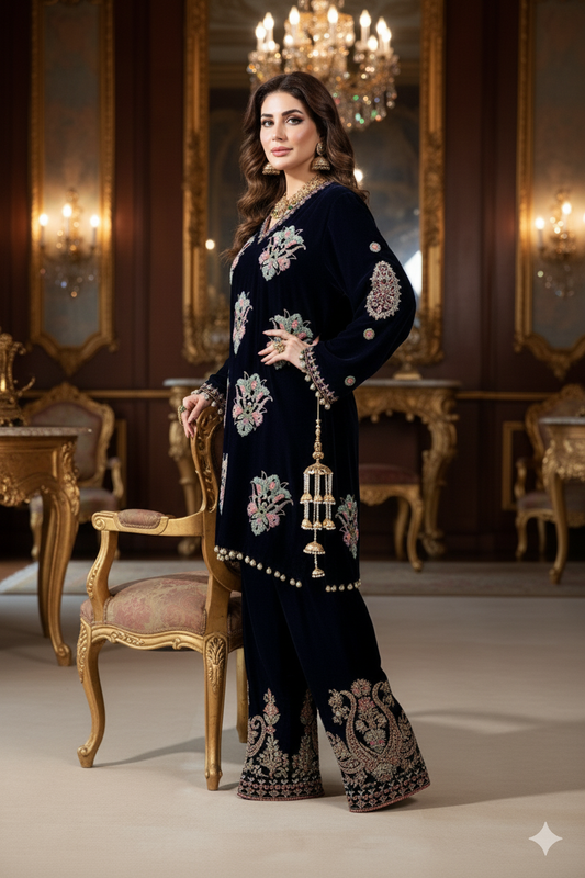 Wedding Wear - Blue Velvet with hand embellished work