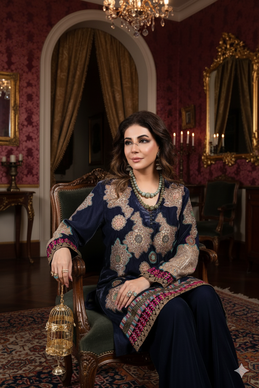 Wedding Wear - Blue Velvet with Kimkhawab Applique