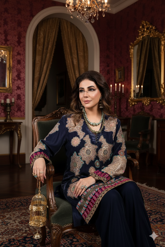 Wedding Wear - Blue Velvet with Kimkhawab Applique