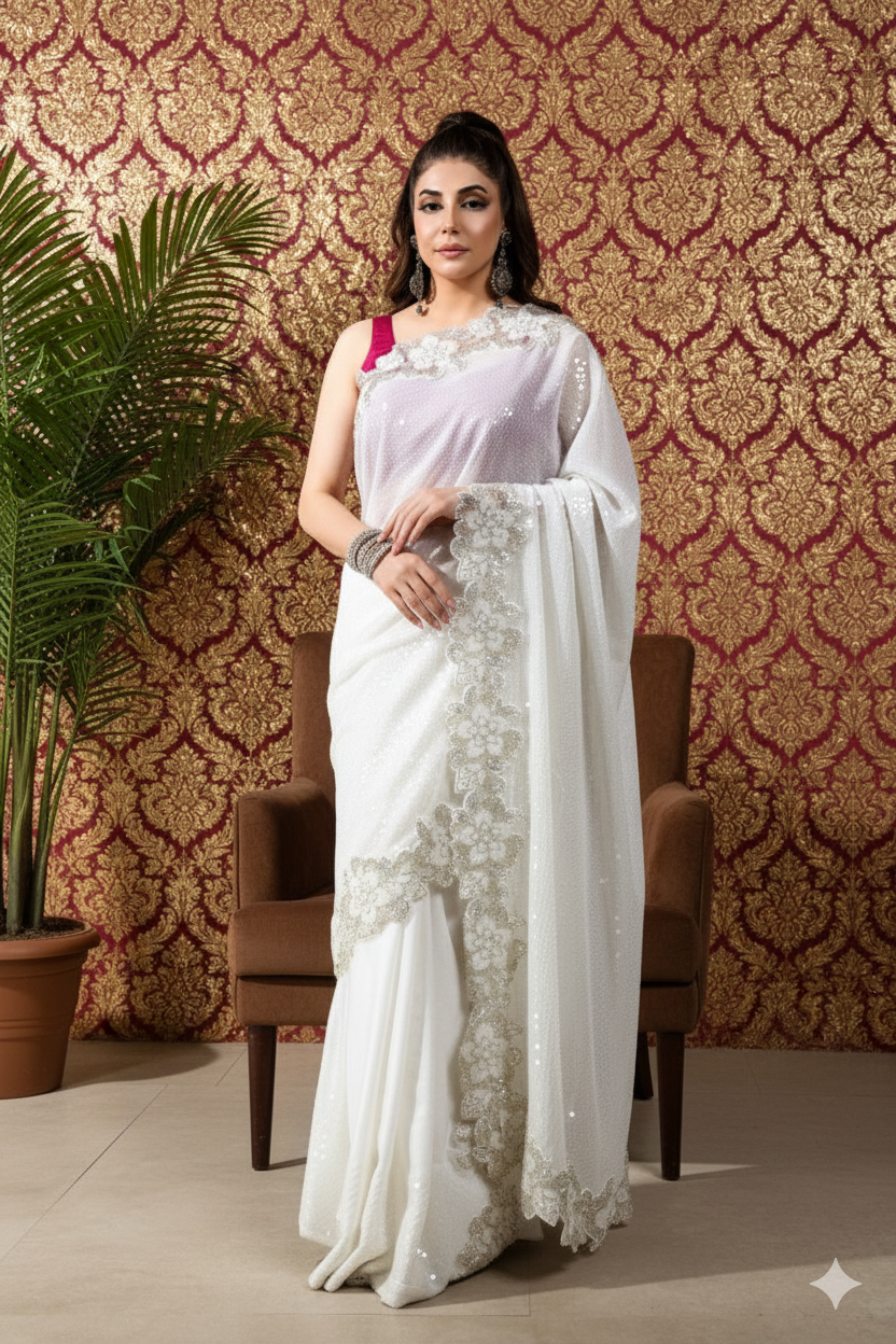 Sari - White Sequined Sari - Khaista Gul