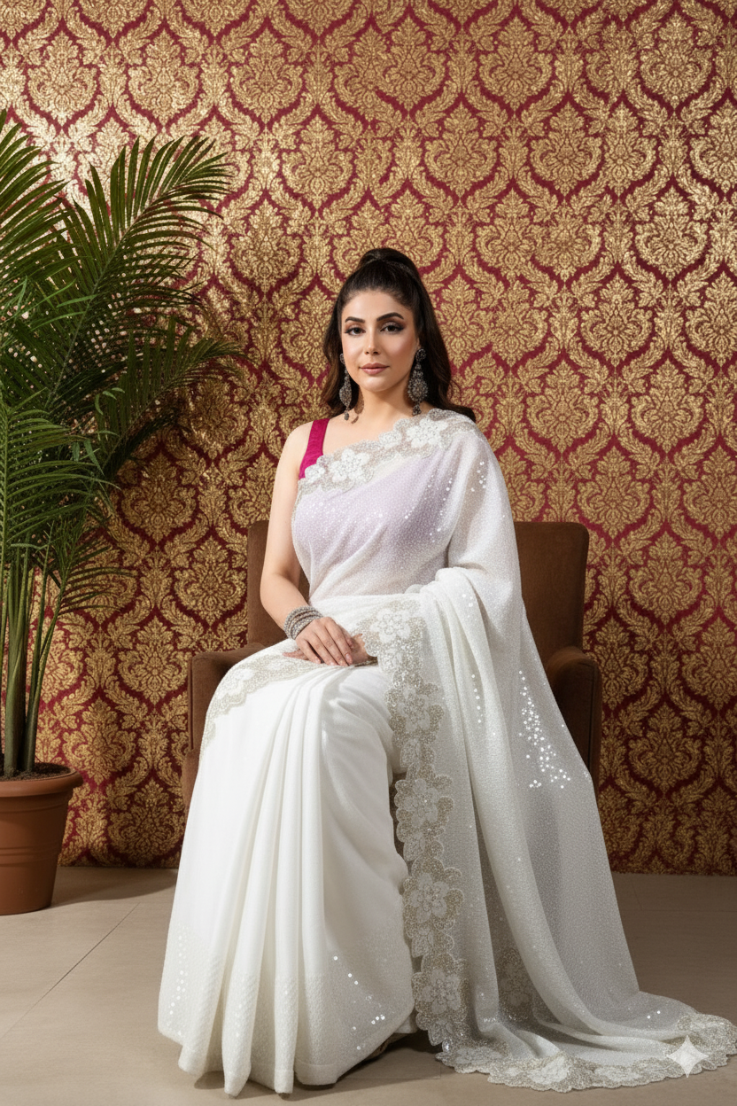 Sari - White Sequined Sari - Khaista Gul