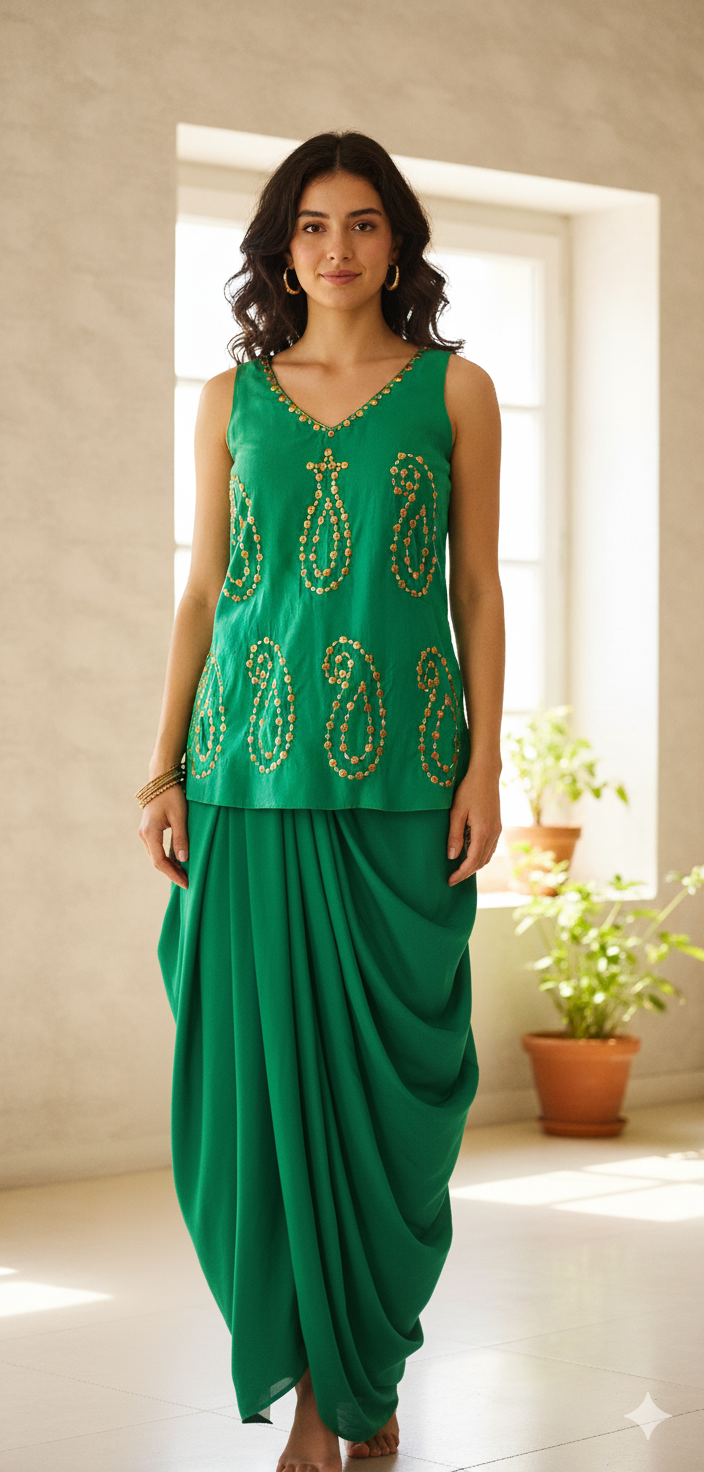 Wedding Wear - Chanderi  Antique Muqaish- Apple Green