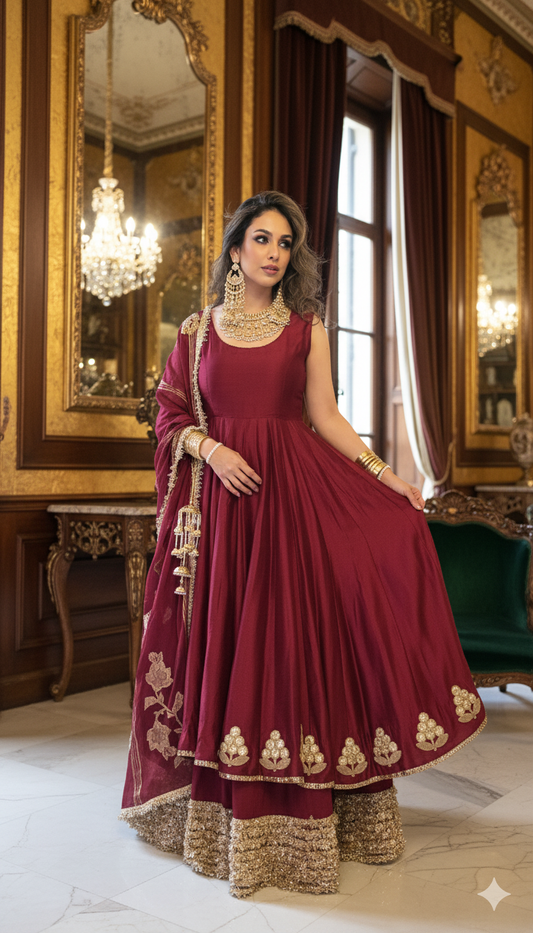 Dholki Edit - Pure Maple Raw Silk Peshwaaz - True Deep Red