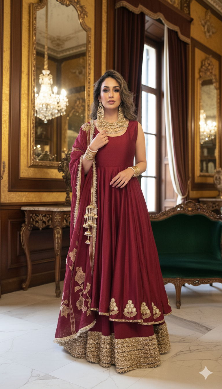 Dholki Edit - Pure Maple Raw Silk Peshwaaz - True Deep Red