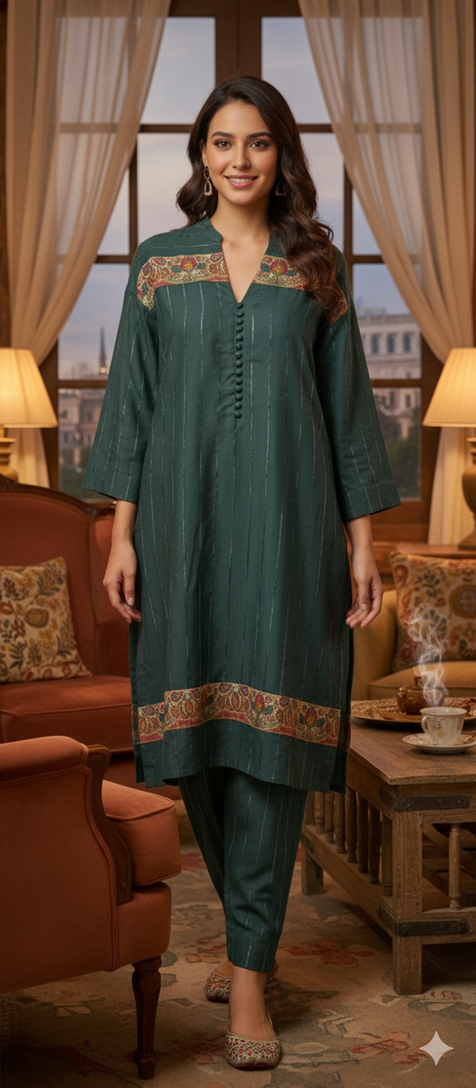 Winter Edit - Kalam Kari- Pure Velvet striped Linen- Deep Royal Blue