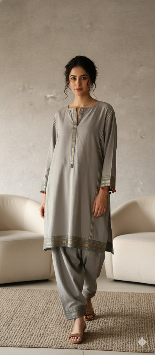 Winter Edit - Banarsi Cotton Karandi  - Columbia Blue