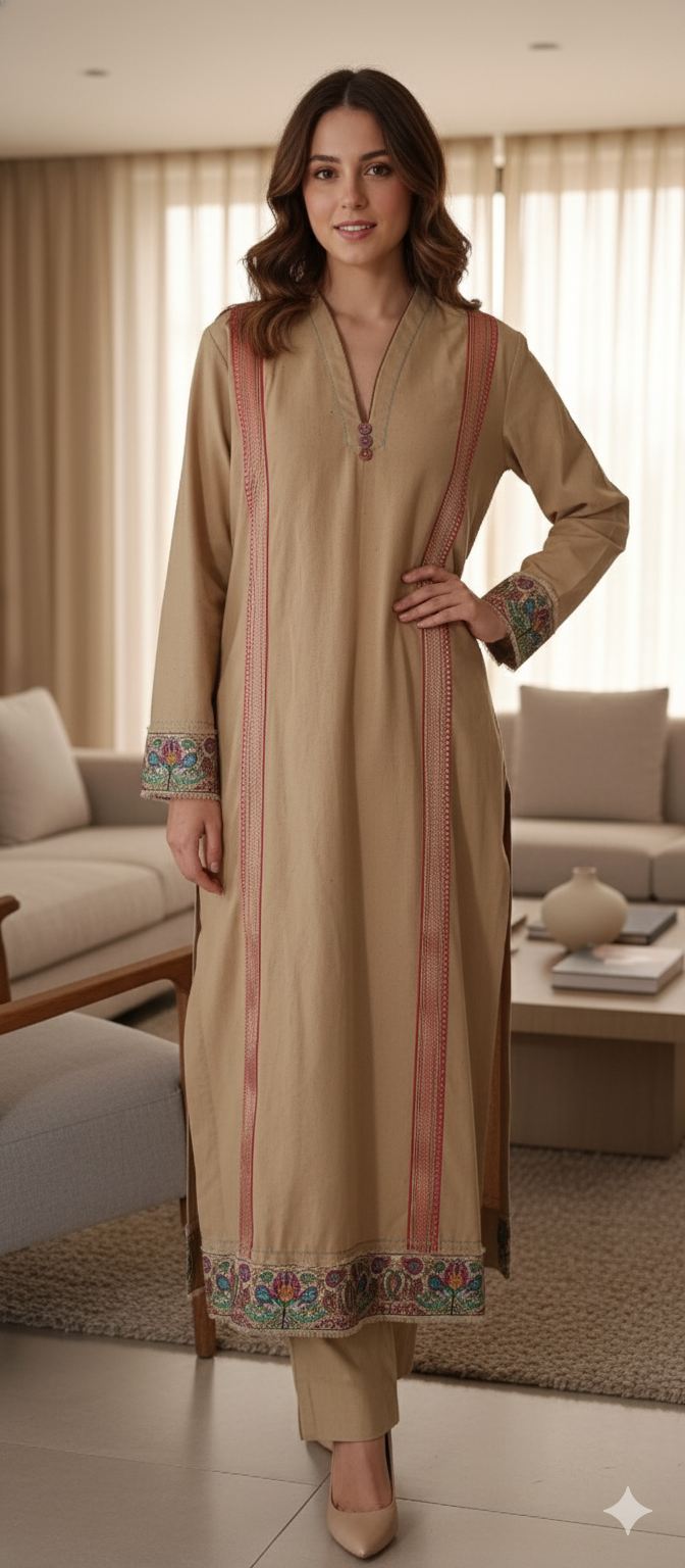 Winter Edit - Kalam Kari Cotton Karandi  - Tan