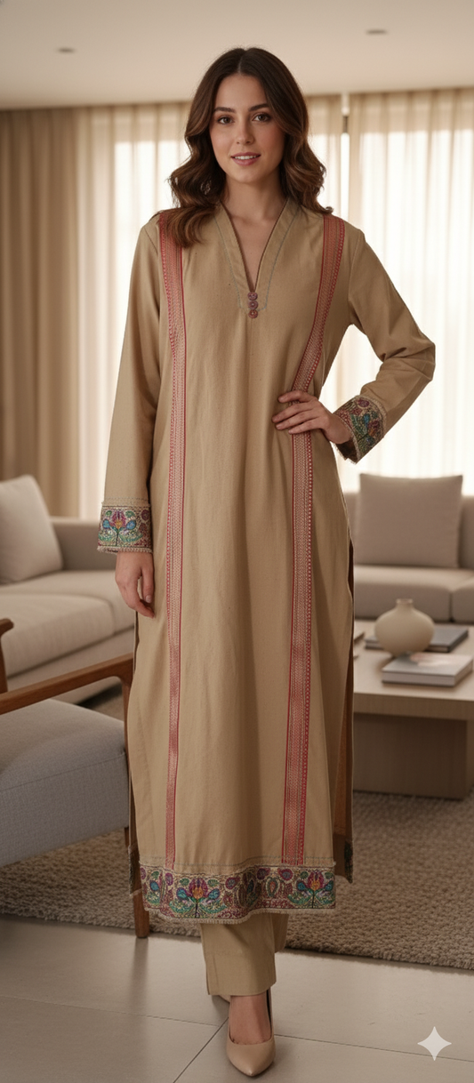 Winter Edit - Kalam Kari Cotton Karandi  - Tan