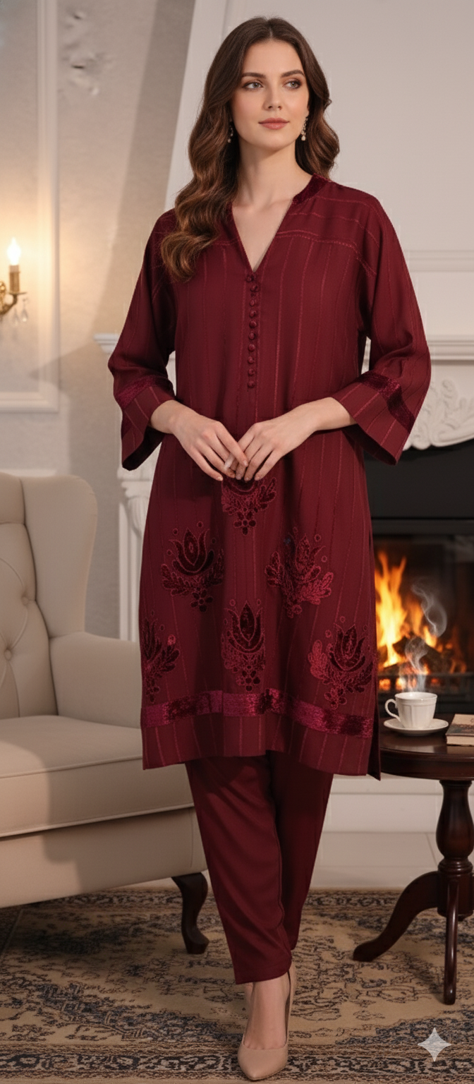 Winter Edit - Velvet Applique - Pure Velvet striped Linen- Deep Red