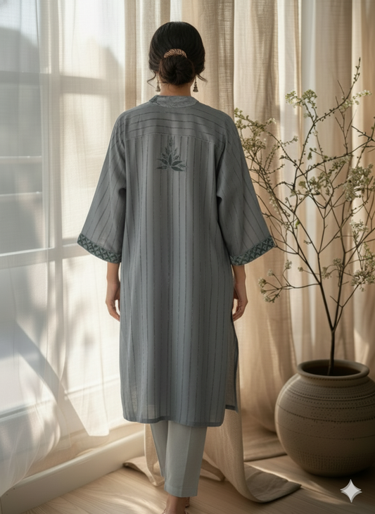 Winter Edit - Velvet Applique - Pure Velvet striped Linen- Soft Grey