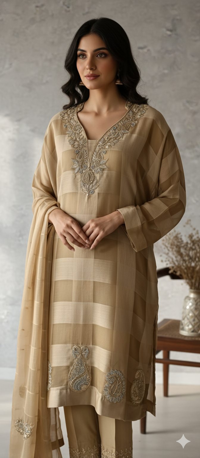 Wedding Edit - Pure Organza Silk  - Tartan Beige