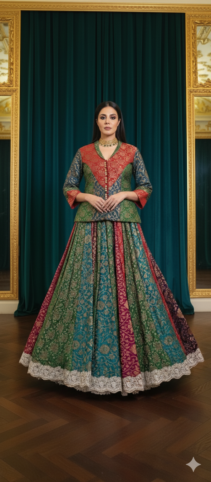 Wedding Edit - Jamawar Multicolor jacket & Full Flared Lehnga