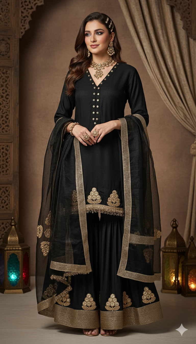 Dholki Edit - Pure Maple Raw Silk Gharara Set - Black