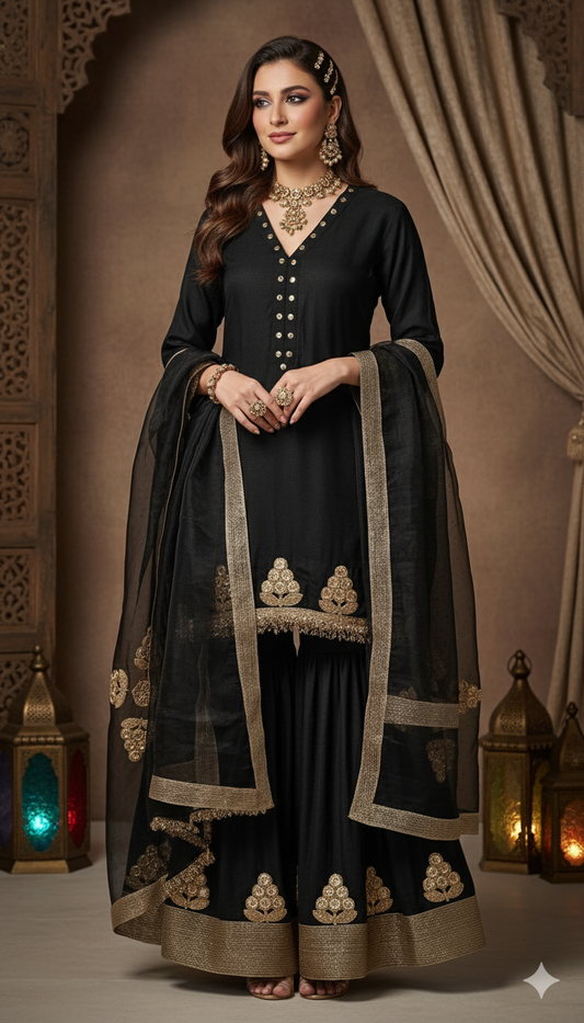 Dholki Edit - Pure Maple Raw Silk Gharara Set - Black