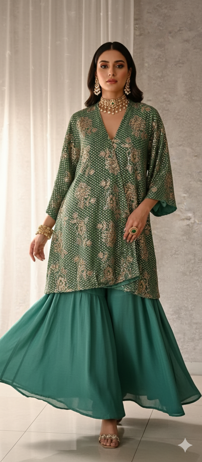 Wedding Edit - Sequined Pure Georgette Chiffon - Cerulean Green