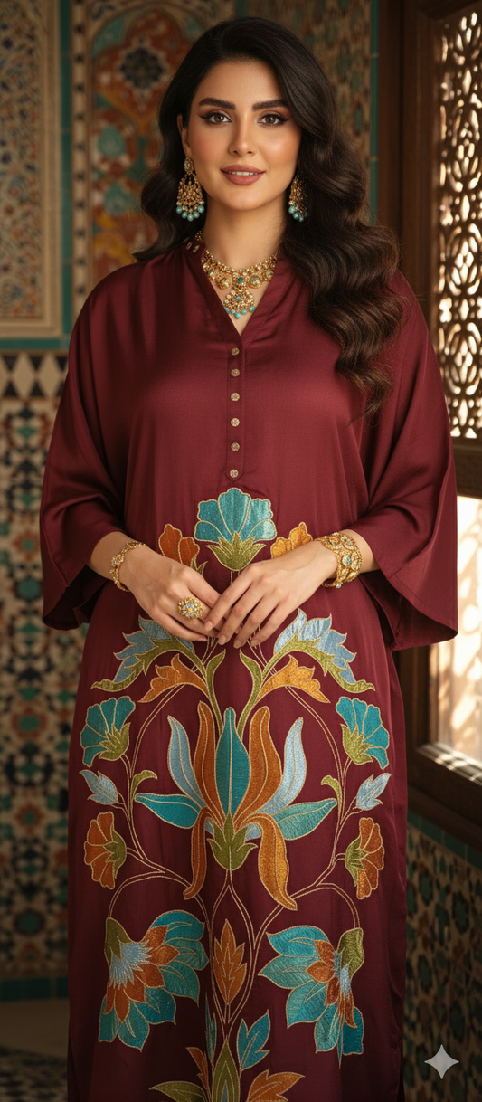 Dholki Edit - Slub Silk Kaftan Floral Royale - Maroon