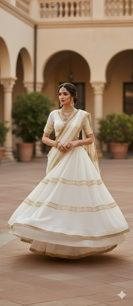 Sari - Dhaka Malmal Ghagra Sari (soft white)
