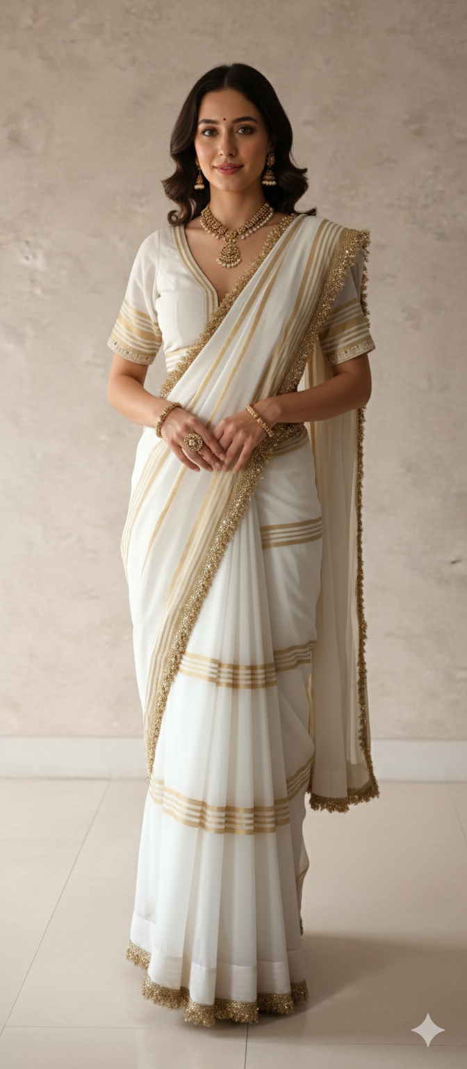 Sari - Dhaka Malmal Ghagra Sari (soft white)