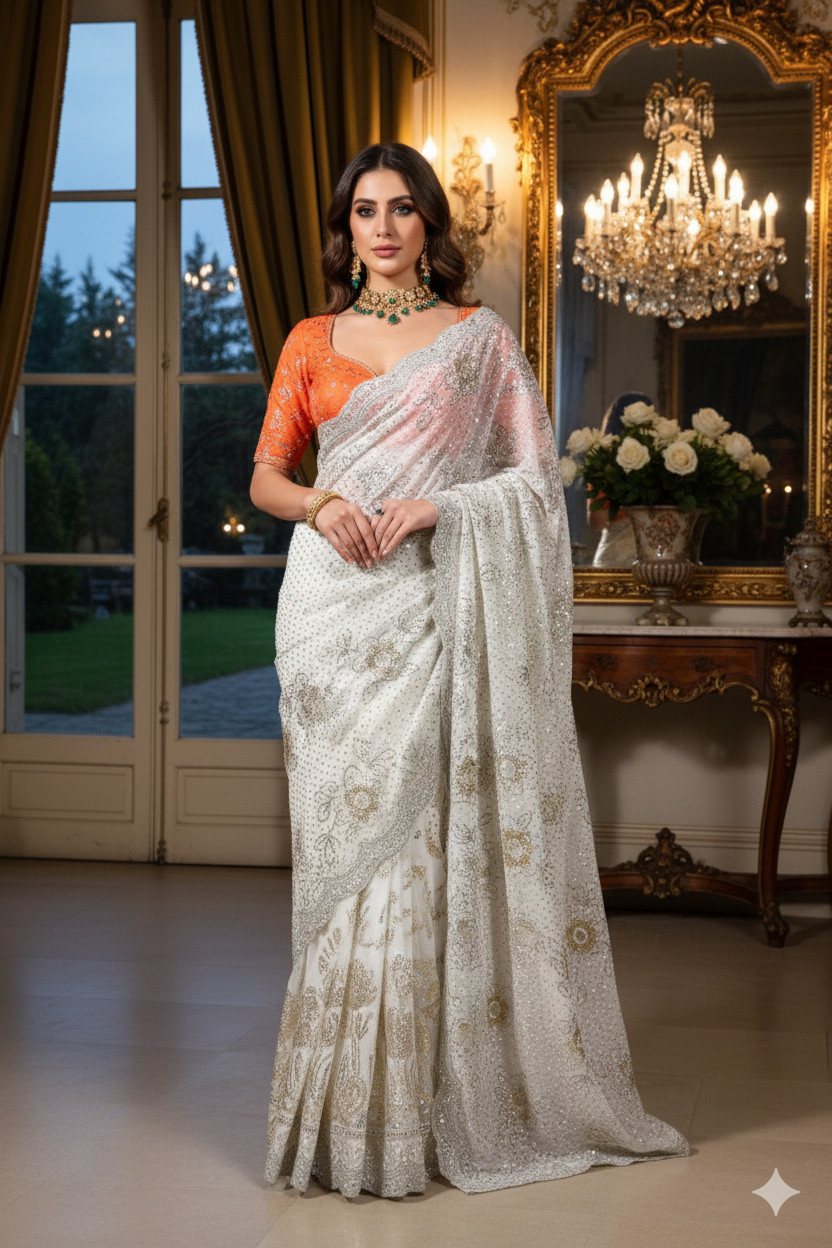 Sari - White Sequined Sari -  Gul Bibi