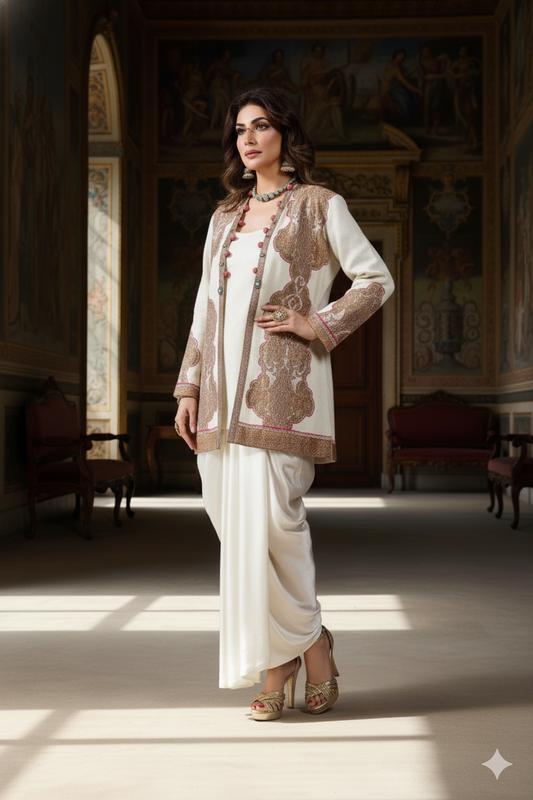 Wedding Wear - Ivory Pure Wool Jacket with Kimkhawab Applique