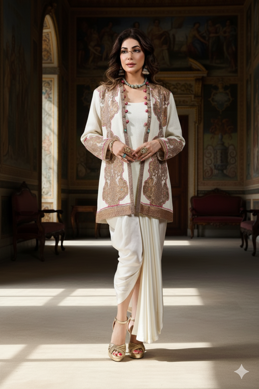 Wedding Wear - Ivory Pure Wool Jacket with Kimkhawab Applique