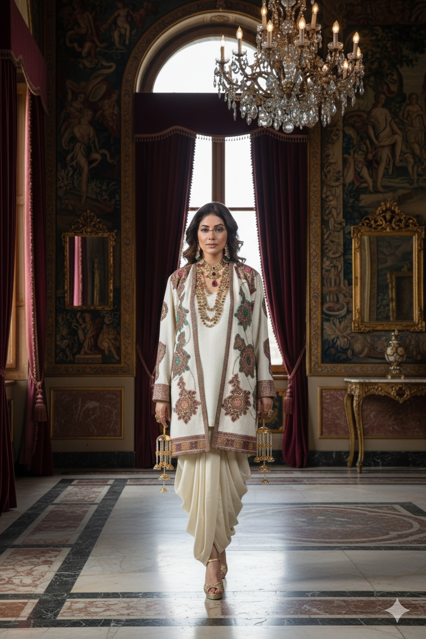 Wedding Wear - Ivory Pure Wool Jacket with Kimkhawab Applique