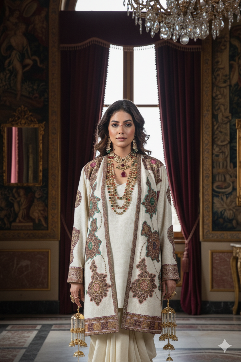 Wedding Wear - Ivory Pure Wool Jacket with Kimkhawab Applique