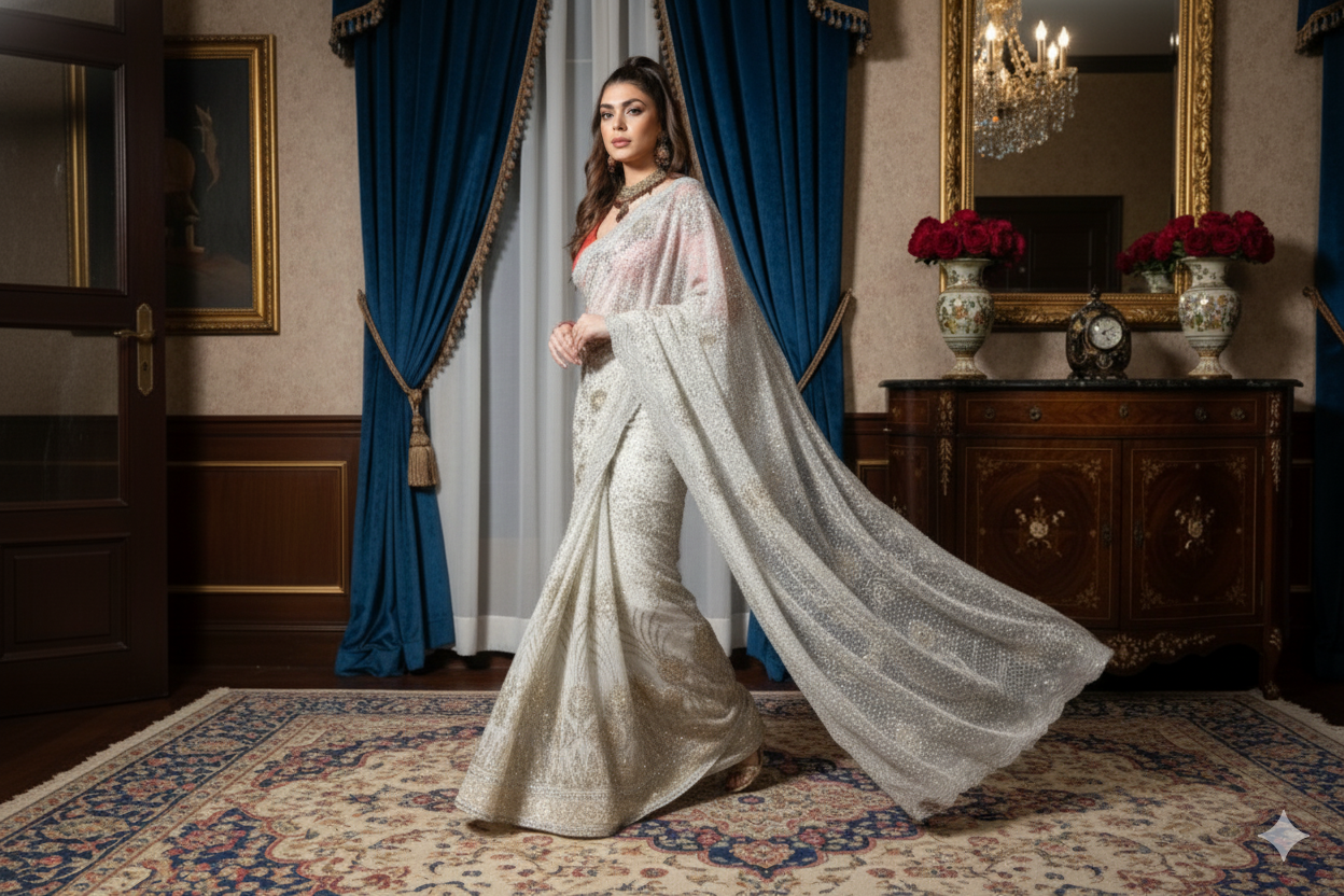 Sari - White Sequined Sari -  Gul Bibi