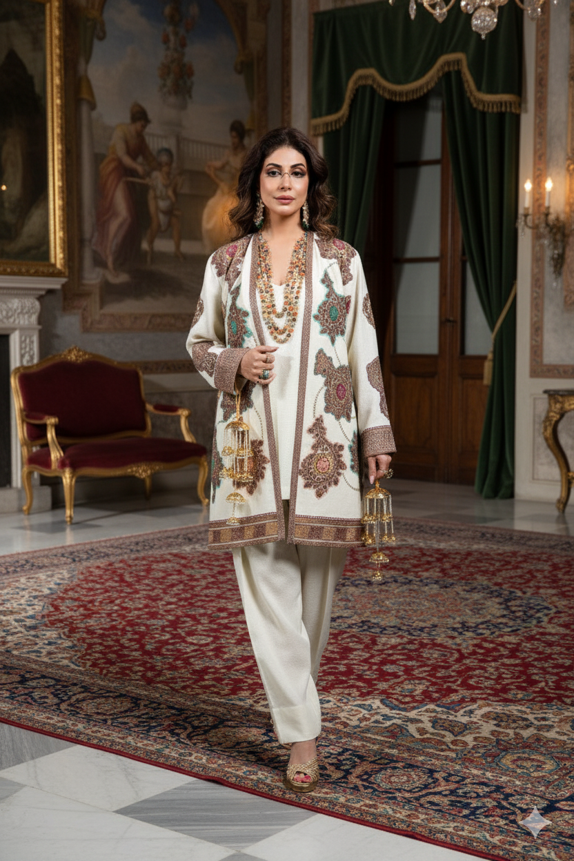 Wedding Wear - Ivory Pure Wool Jacket with Kimkhawab Applique