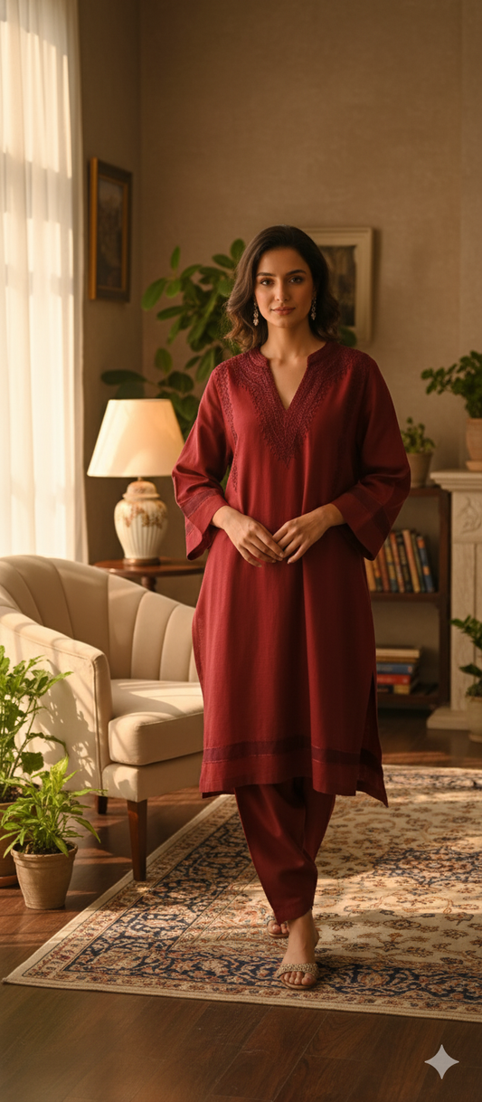 Winter Edit - Dori Embroidery - Pure Slub Khaddar- Maroon Red