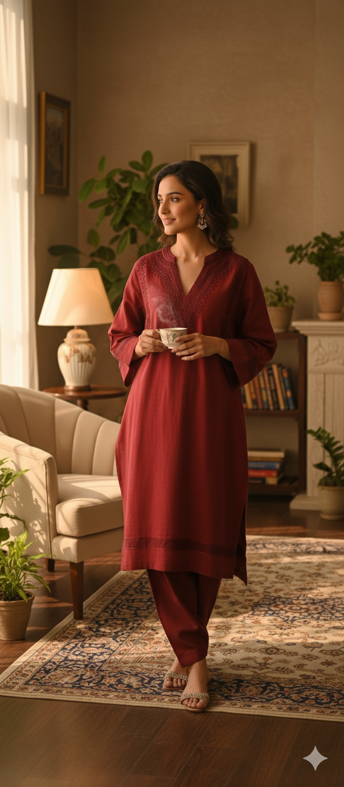 Winter Edit - Dori Embroidery - Pure Slub Khaddar- Maroon Red