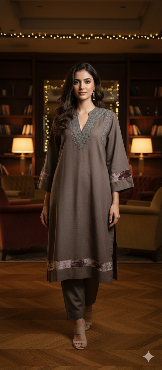 Winter Edit - Dori Embroidery - Pure Slub Khaddar- Earthy Beige Lavendar